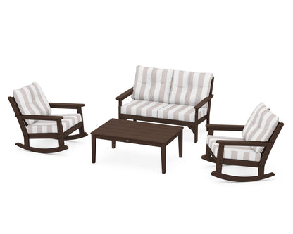 POLYWOOD® Vineyard 4-Piece Deep Seating Rocking Chair Set in Mahogany / Cabana Stripe Dune Burlap