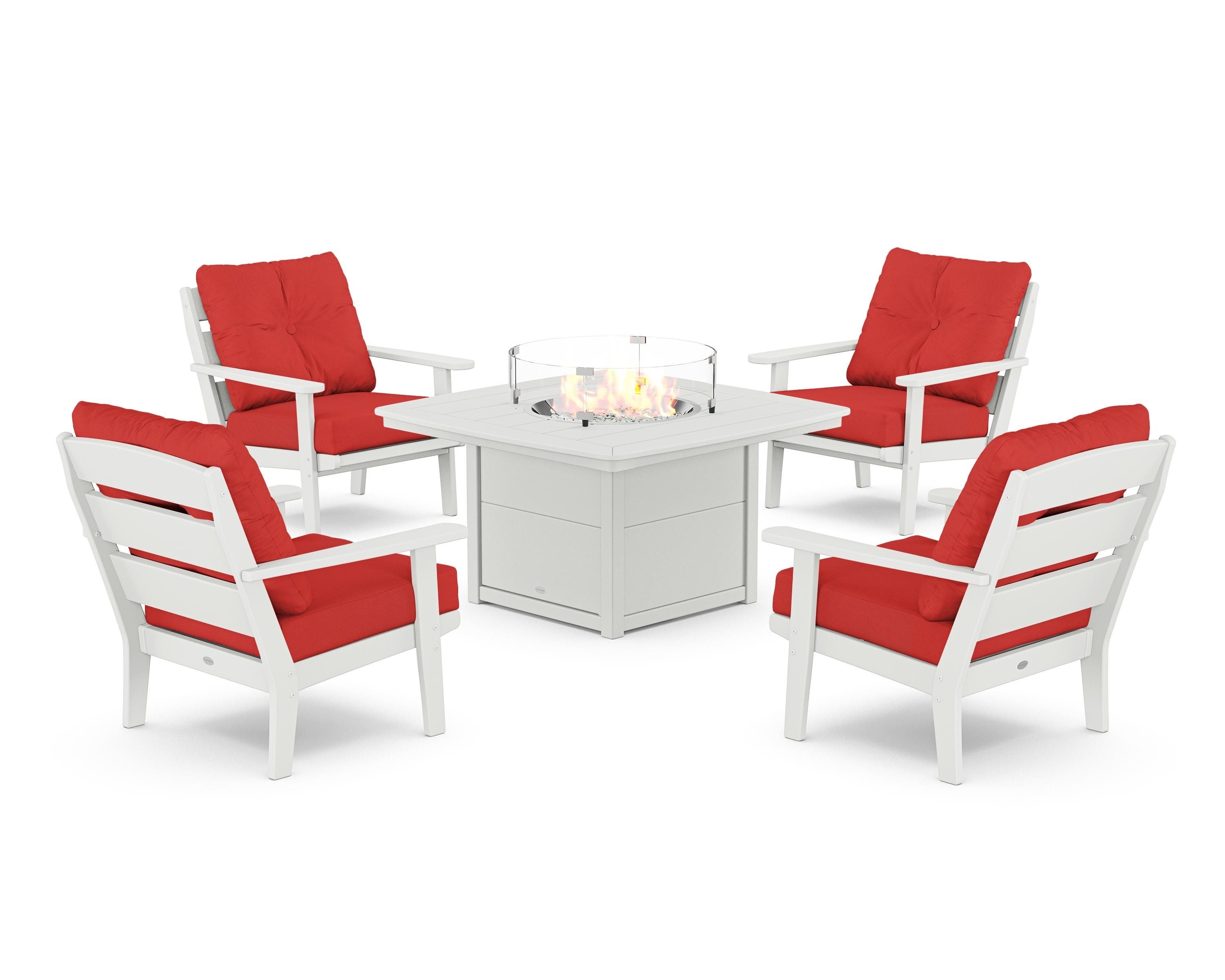 POLYWOOD® Lakeside 5-Piece Deep Seating Set with Nautical Fire Pit Table in White / Crimson Linen