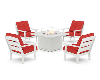POLYWOOD® Lakeside 5-Piece Deep Seating Set with Nautical Fire Pit Table in White / Crimson Linen