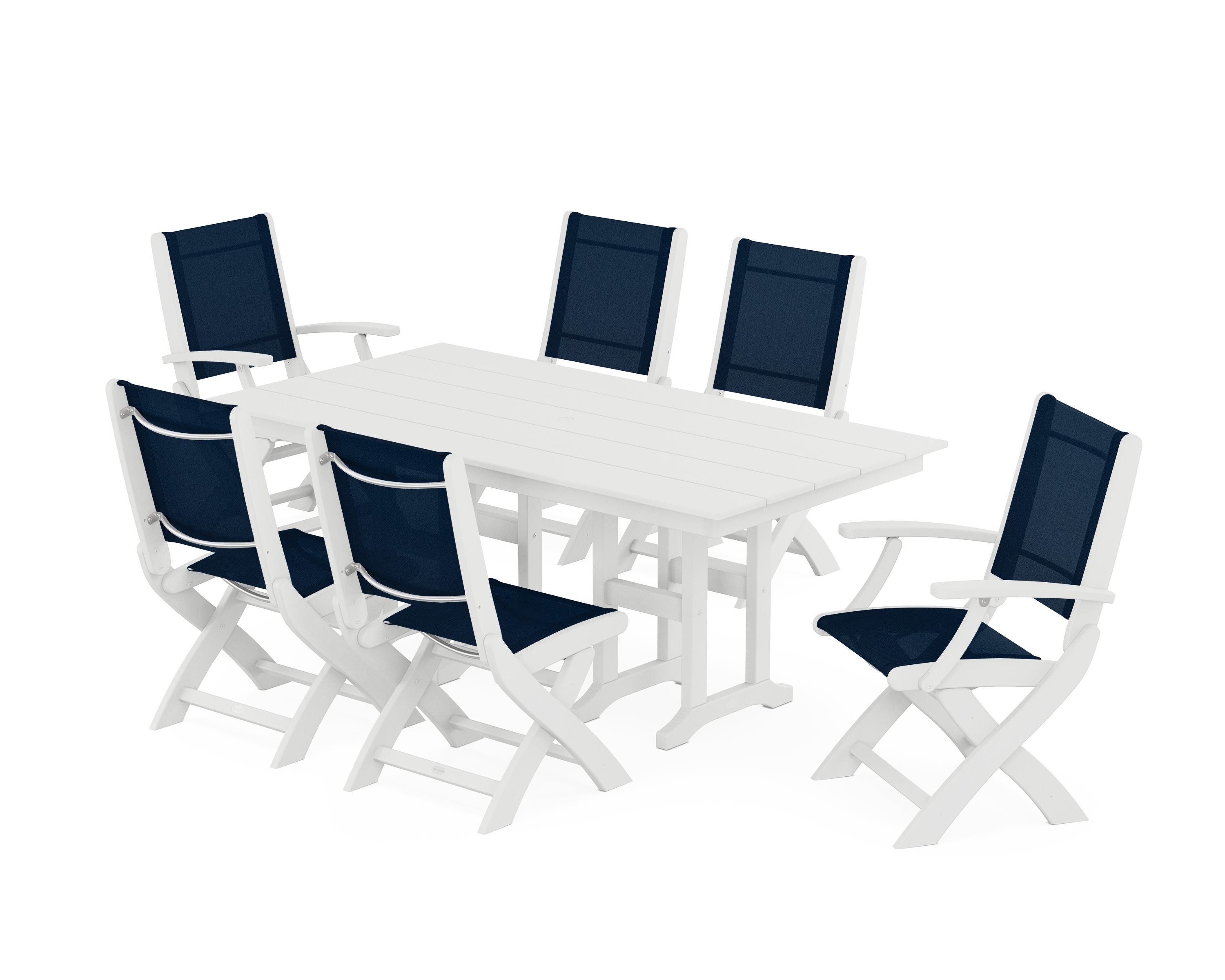 POLYWOOD® Coastal Folding Chair 7-Piece Farmhouse Dining Set in White / Navy Blue Sling