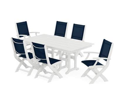 POLYWOOD® Coastal Folding Chair 7-Piece Farmhouse Dining Set in White / Navy Blue Sling