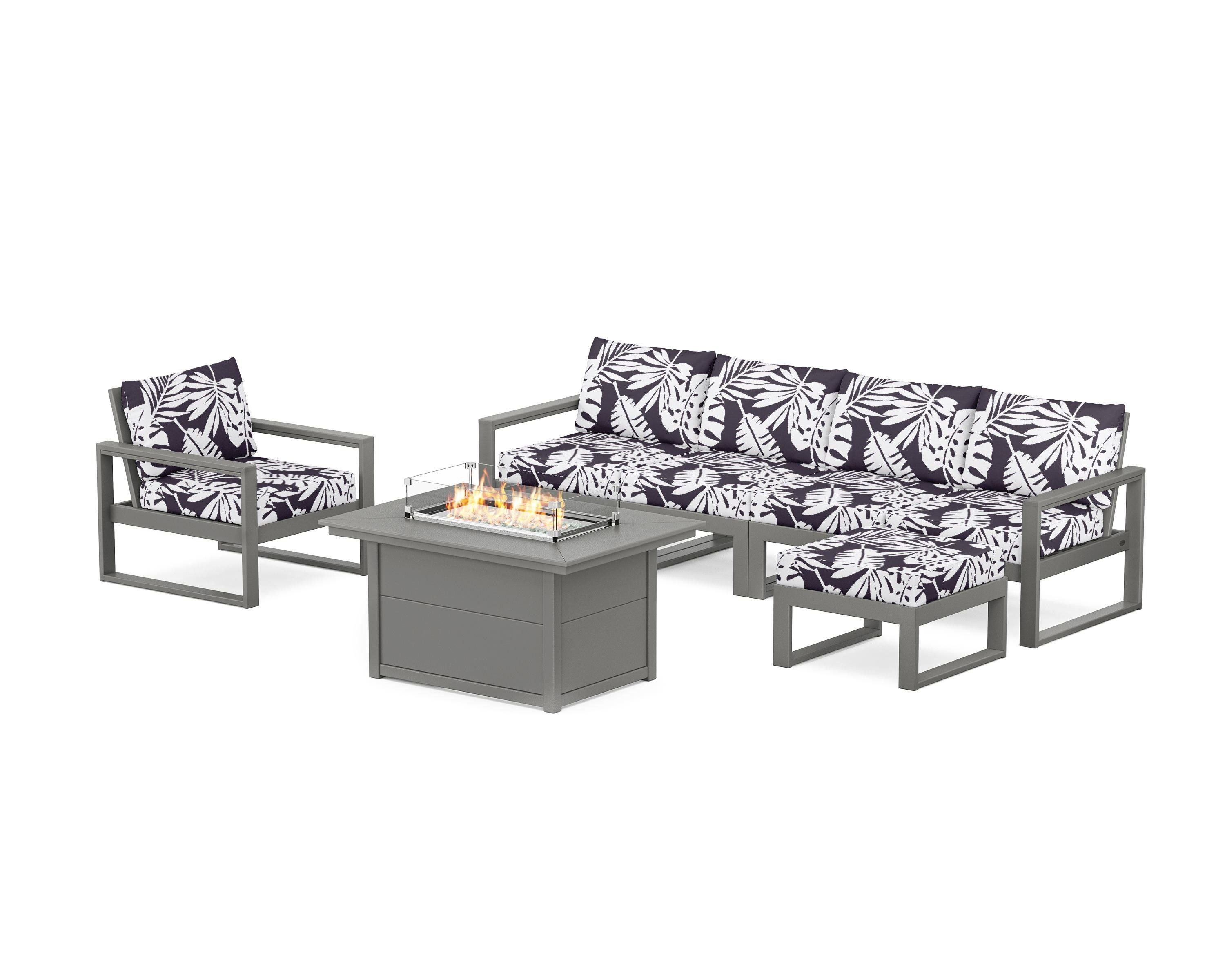 POLYWOOD® EDGE Sectional Lounge and Fire Pit Set in Slate Grey / Leaf Navy