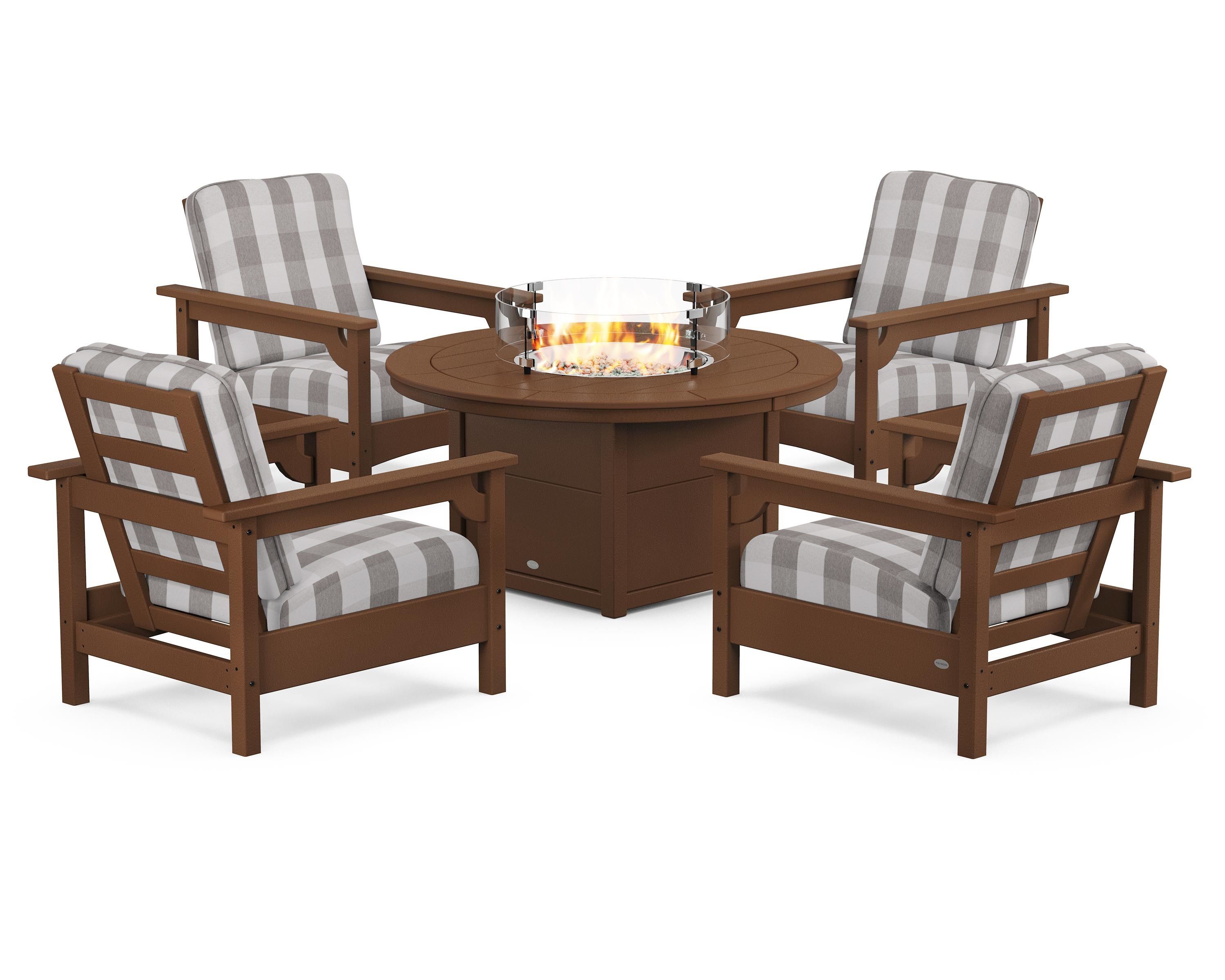 POLYWOOD® Club 5-Piece Conversation Set with Fire Pit Table in Teak / Buffalo Plaid Grey Mist