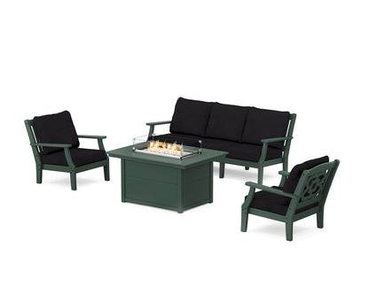 Martha Stewart by POLYWOOD® Chinoiserie Deep Seating Fire Pit Table Set in Green / Midnight Linen