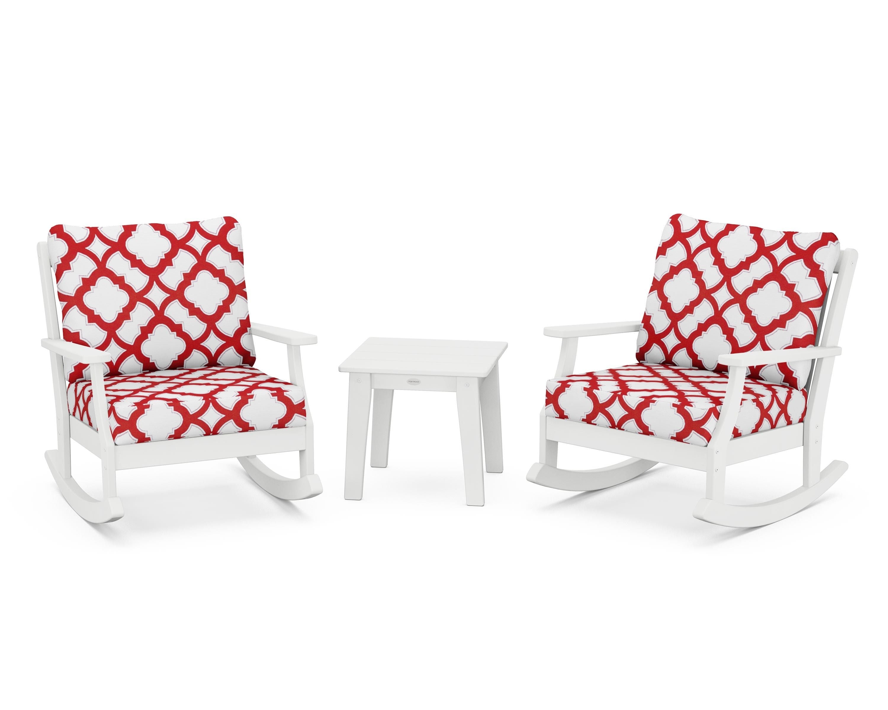 POLYWOOD® Braxton 3-Piece Deep Seating Rocker Set in White / Trellis Crimson