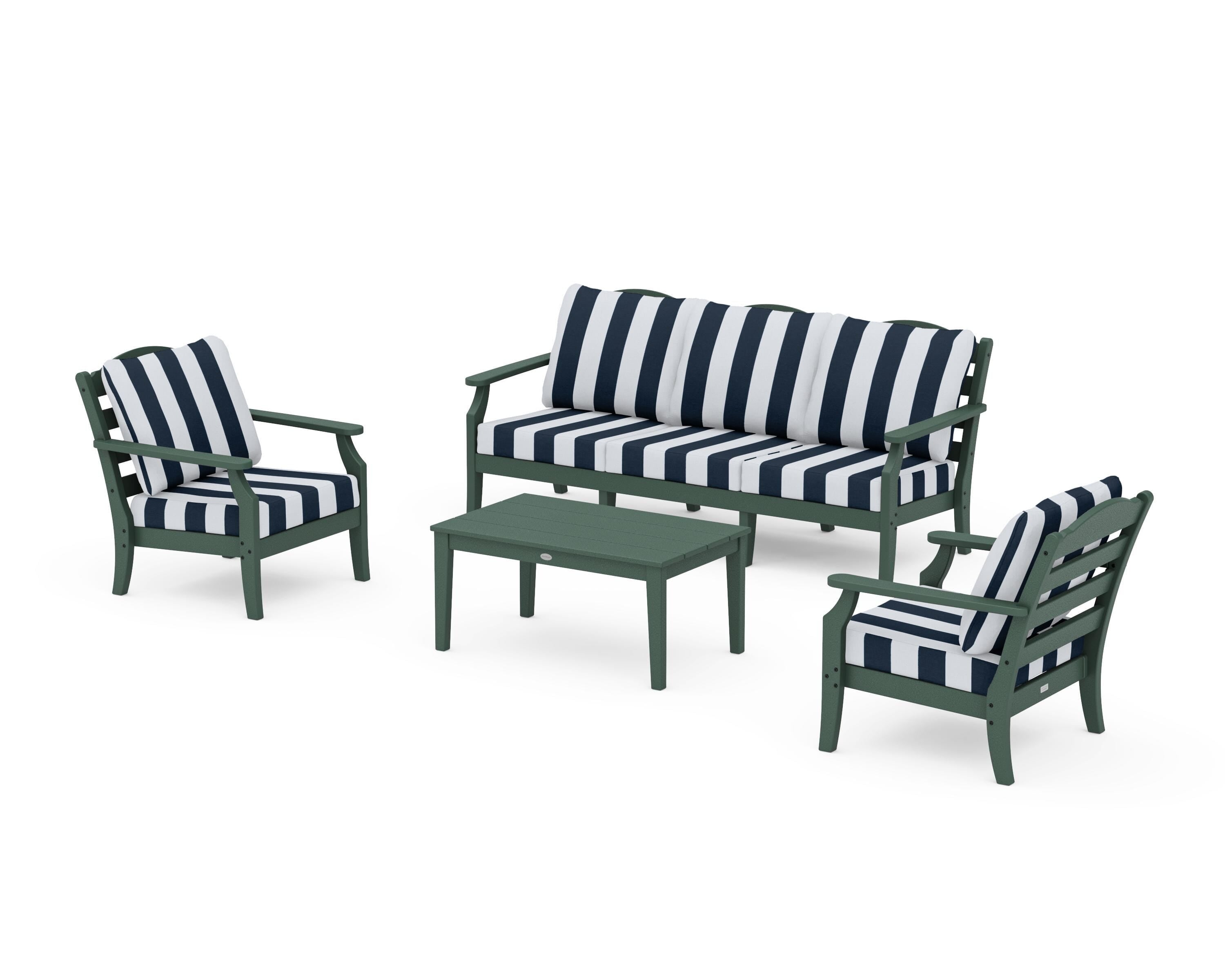 Draper James™ by  POLYWOOD® Savannah 4-Piece Deep Seating Set with Sofa in Green / Cabana Stripe Marine Indigo