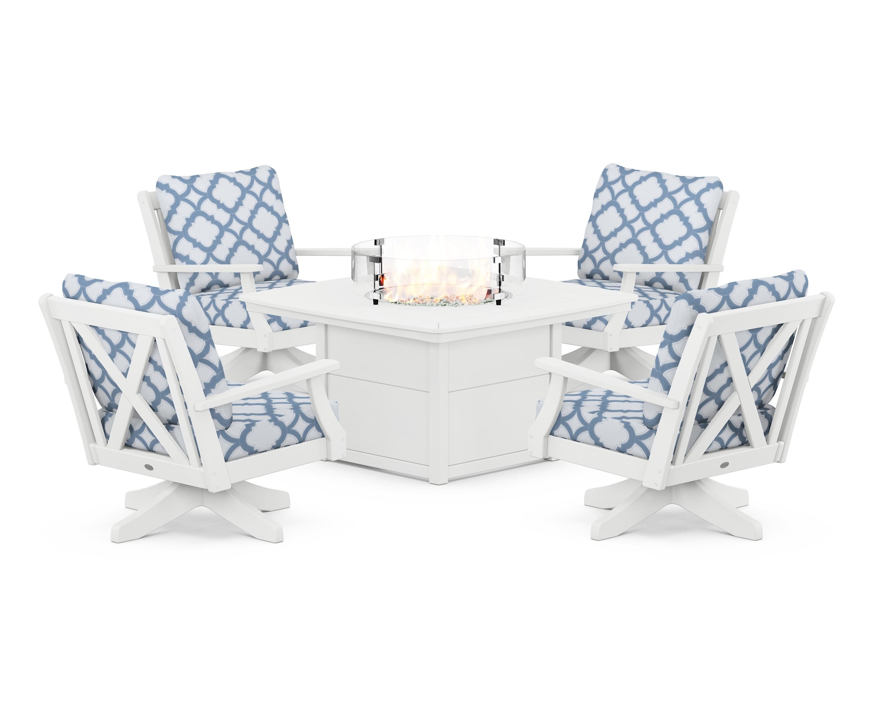 POLYWOOD® Braxton 5-Piece Deep Seating Swivel Conversation Set with Fire Pit Table in White / Trellis Sky Blue