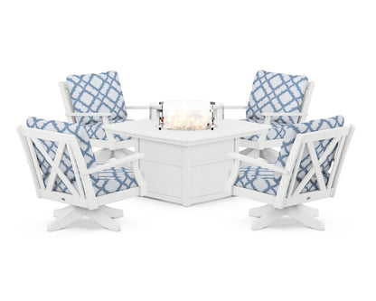 POLYWOOD® Braxton 5-Piece Deep Seating Swivel Conversation Set with Fire Pit Table in White / Trellis Sky Blue