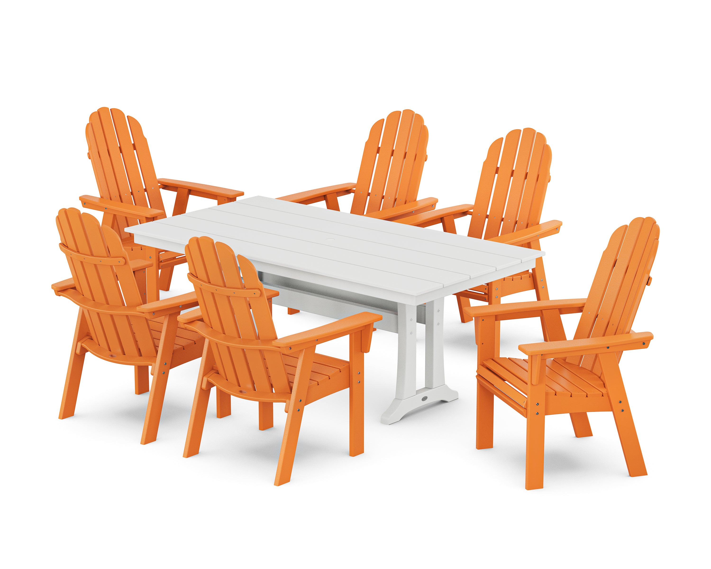 POLYWOOD® Vineyard Curveback Adirondack Chair 7-Piece Farmhouse Dining Set with Trestle Legs in Tangerine / White