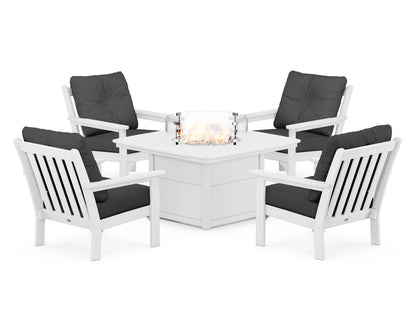 POLYWOOD® Vineyard 5-Piece Conversation Set with Fire Pit Table in White / Spectrum Carbon
