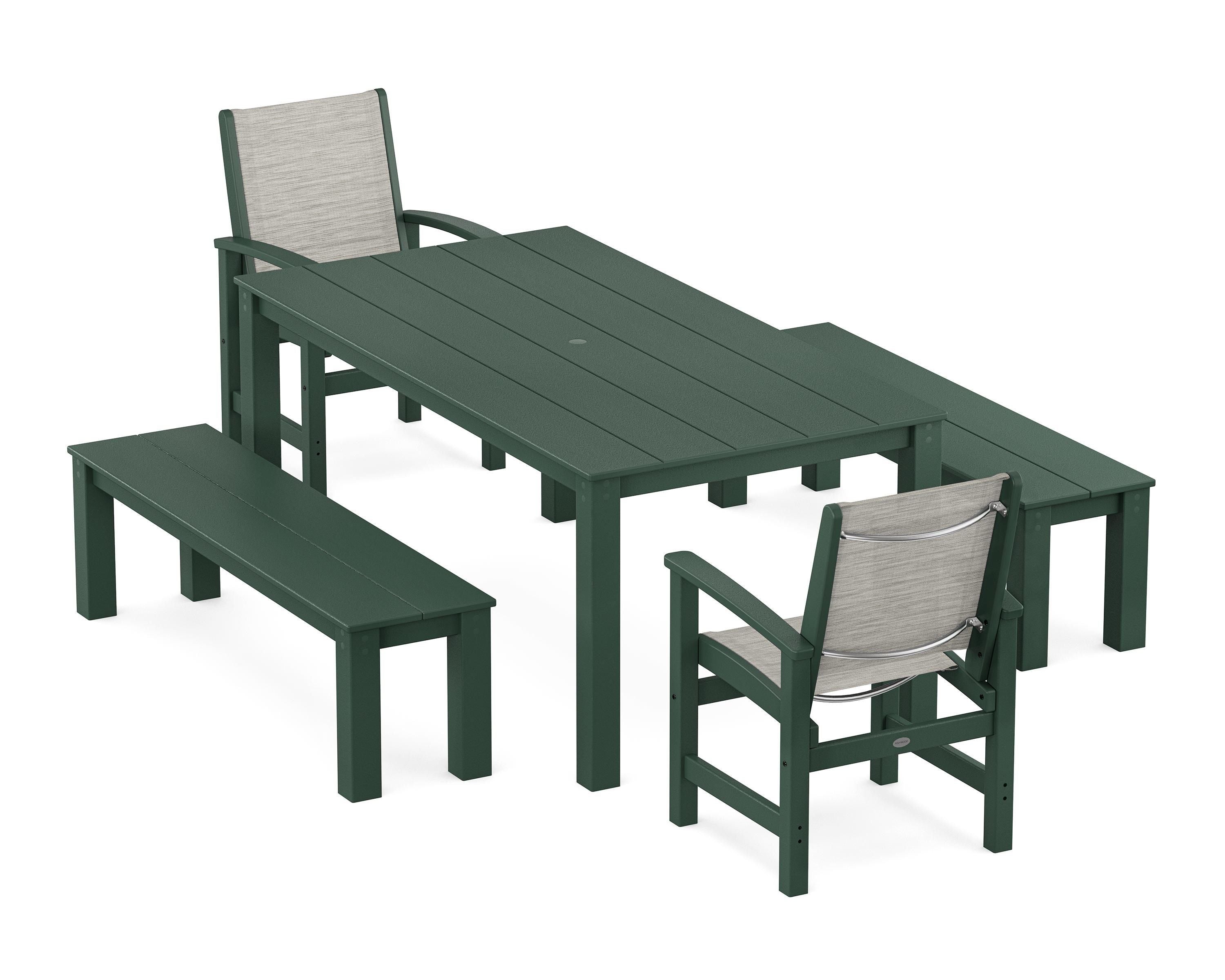 POLYWOOD® Coastal 5-Piece Parsons Dining Set with Benches in Green / Birch Sling