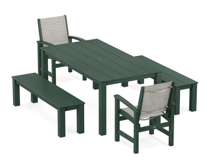 POLYWOOD® Coastal 5-Piece Parsons Dining Set with Benches in Green / Birch Sling