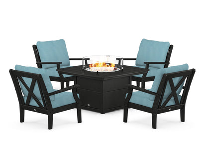POLYWOOD® Braxton 5-Piece Deep Seating Conversation Set with Fire Pit Table in Black / Lattice Sky Blue