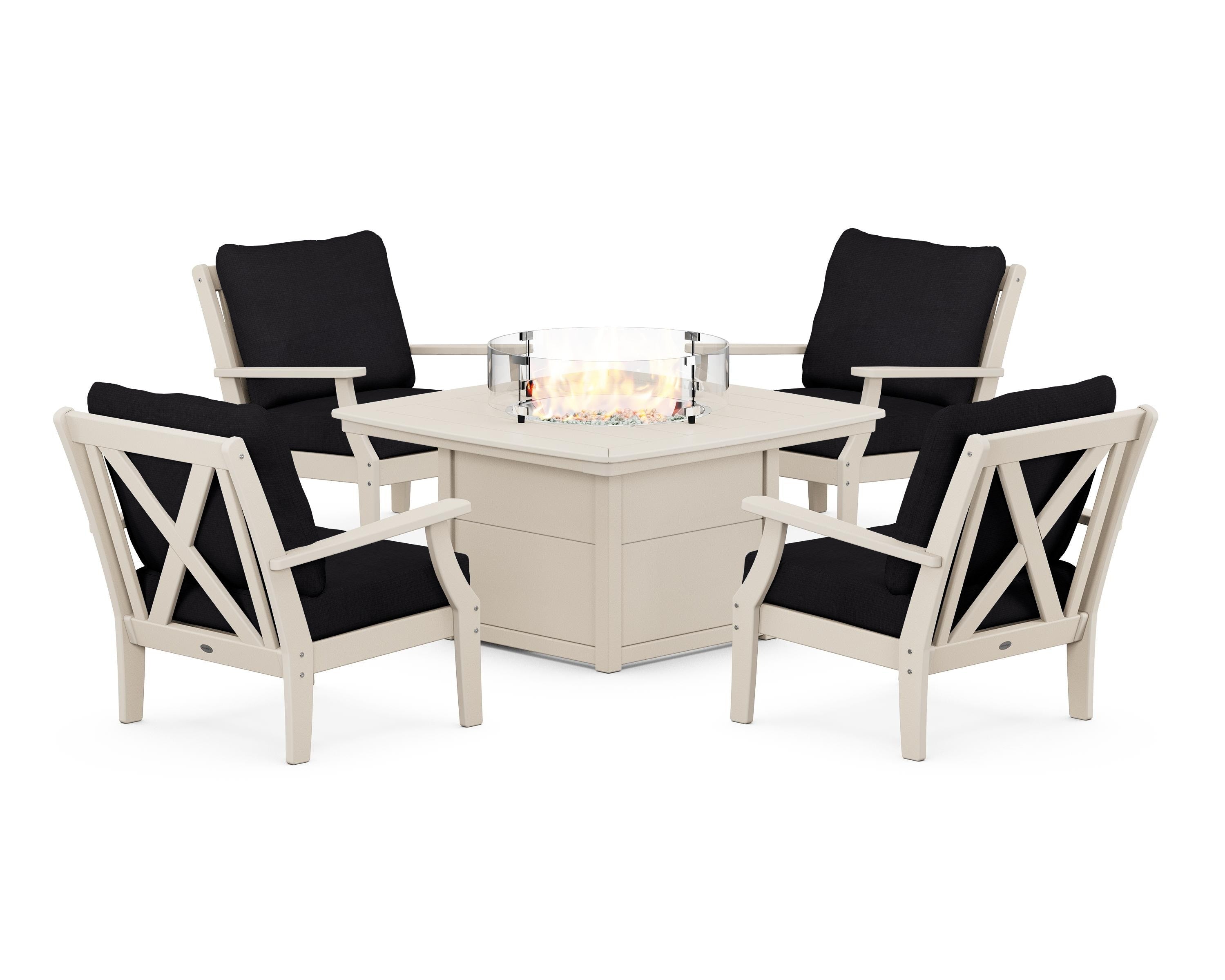 POLYWOOD® Braxton 5-Piece Deep Seating Conversation Set with Fire Pit Table in Sand / Midnight Linen