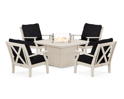 POLYWOOD® Braxton 5-Piece Deep Seating Conversation Set with Fire Pit Table in Sand / Midnight Linen