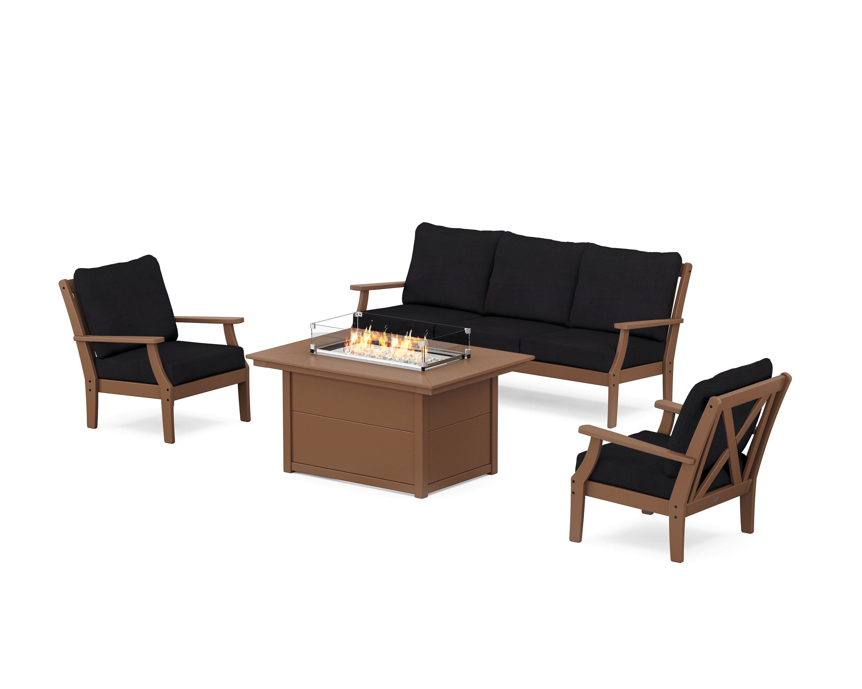 POLYWOOD® Braxton Deep Seating Fire Pit Table Set in Teak / Midnight Linen