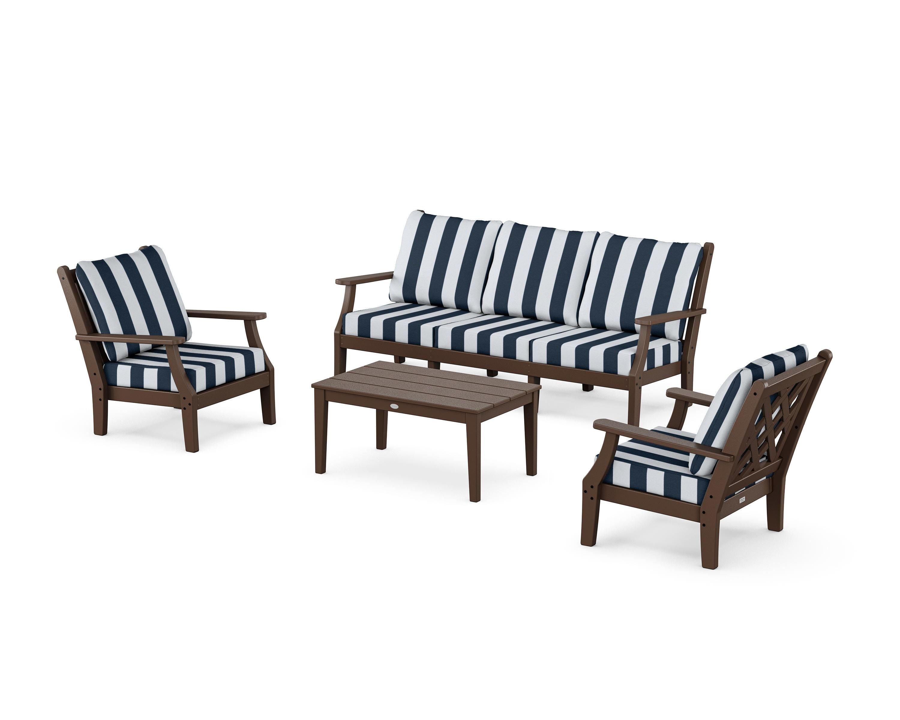 Country Living Wovendale 4-Piece Deep Seating Set with Sofa in Mahogany / Cabana Stripe Marine Indigo
