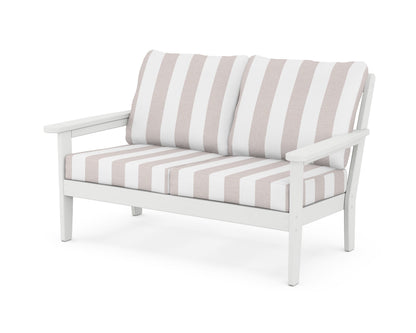 Country Living Cottage Deep Seating Loveseat in White / Cabana Stripe Dune Burlap