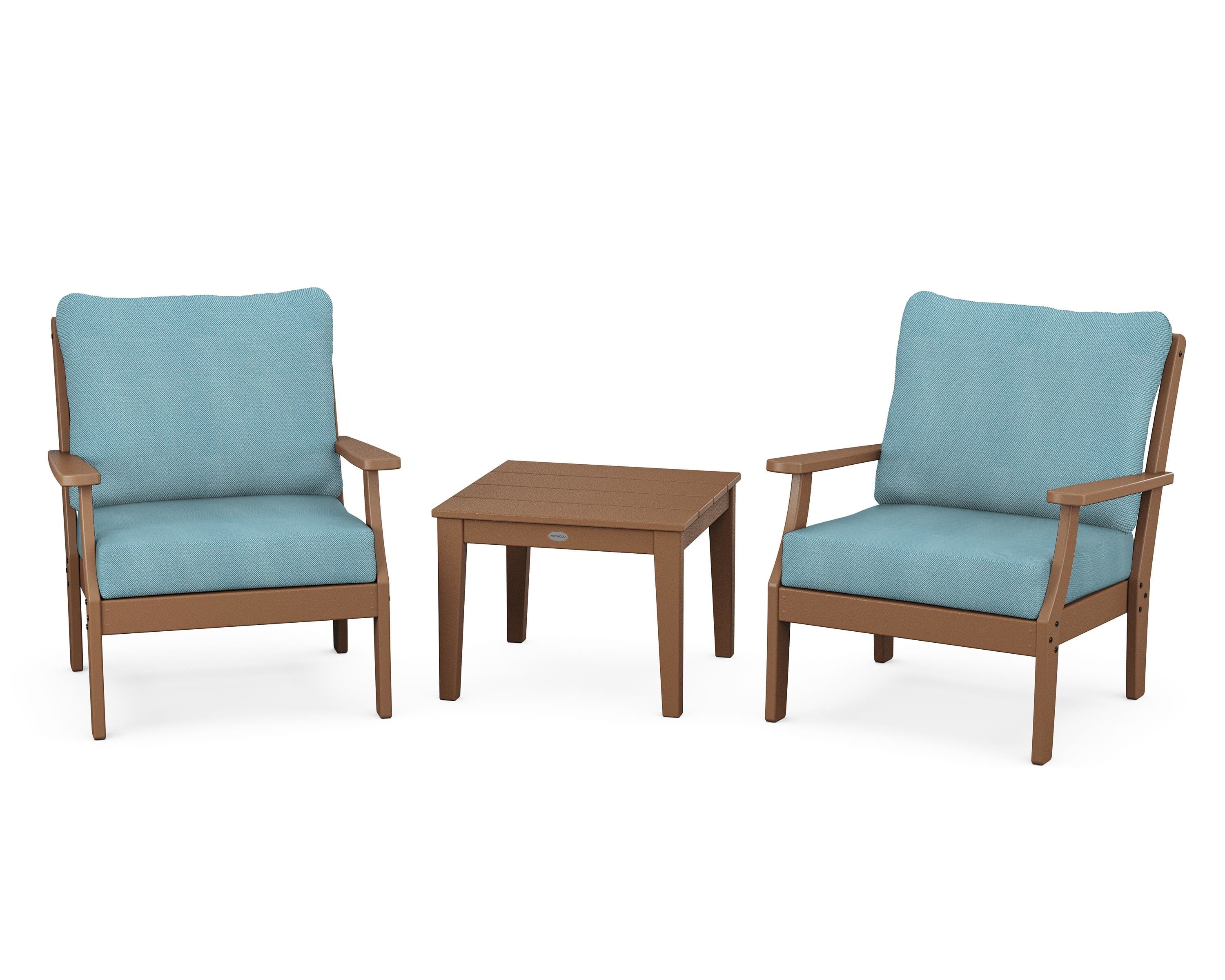 POLYWOOD® Braxton 3-Piece Deep Seating Set in Teak / Lattice Sky Blue