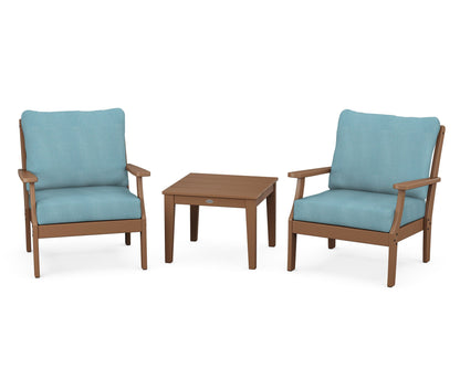 POLYWOOD® Braxton 3-Piece Deep Seating Set in Teak / Lattice Sky Blue