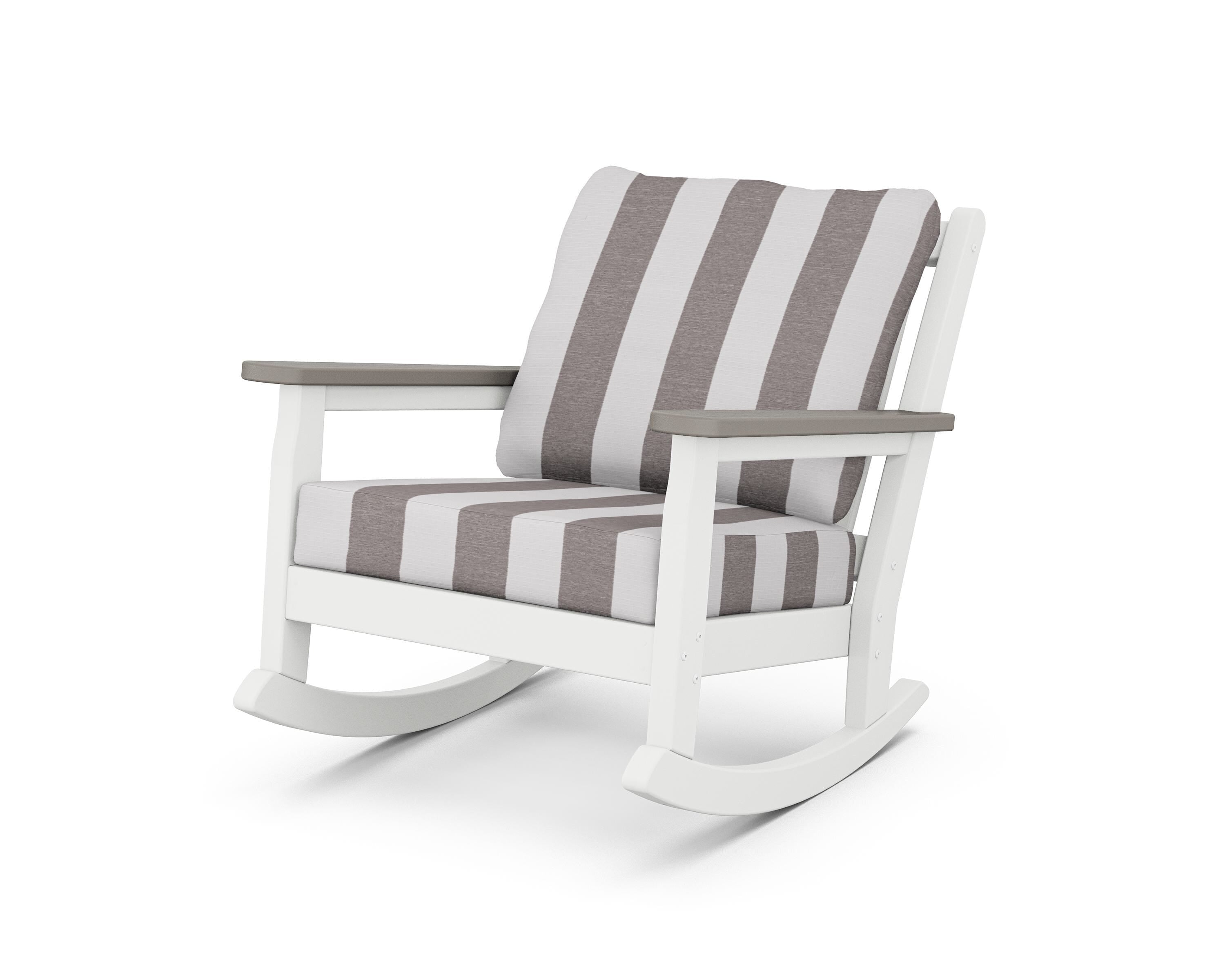 POLYWOOD® Chippendale Deep Seating Rocking Chair in White / Driftwood / Cabana Stripe Grey Mist