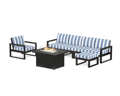 POLYWOOD® EDGE Sectional Lounge and Fire Pit Set in Black / Cabana Stripe Sky Blue