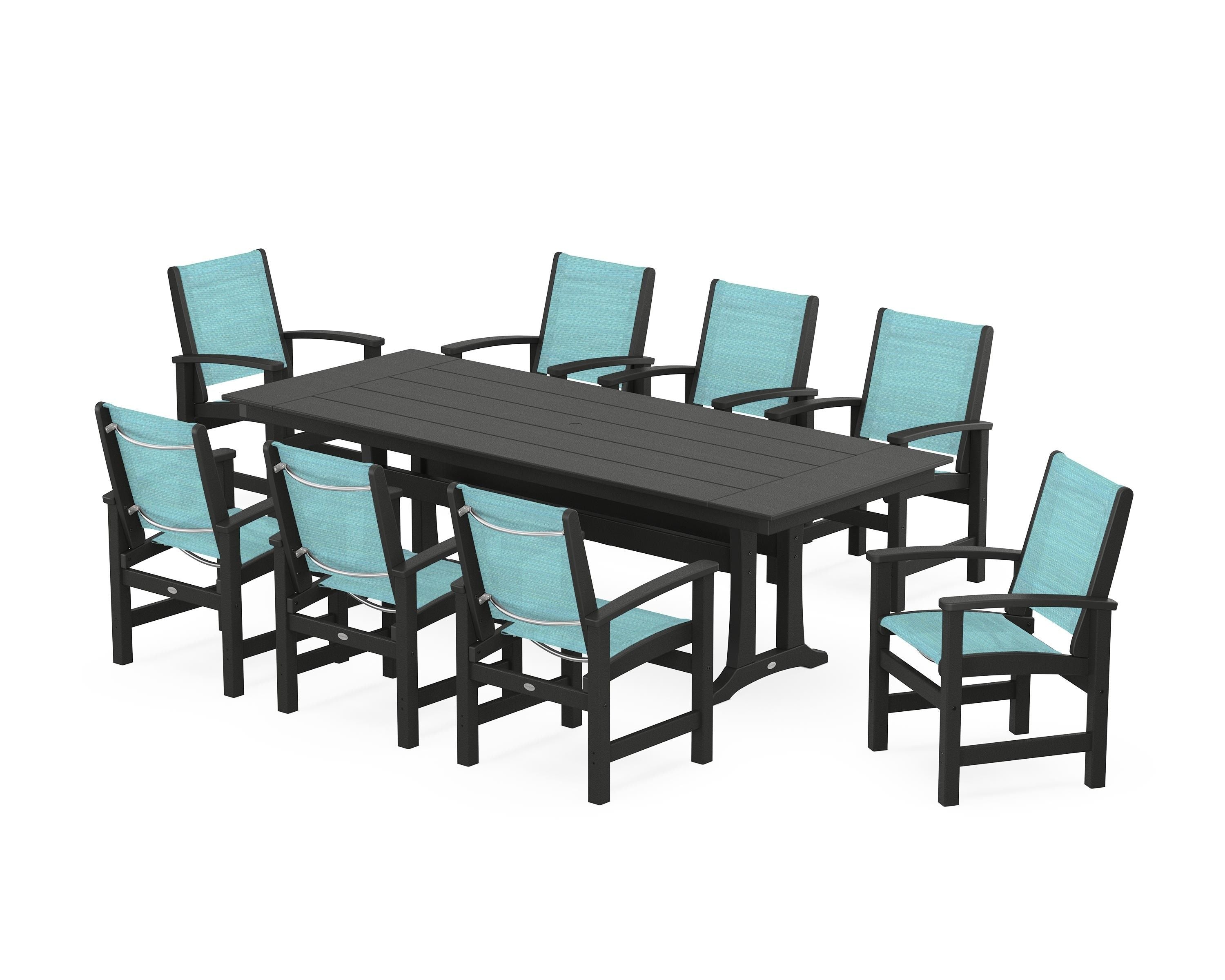 POLYWOOD® Coastal 9-Piece Farmhouse Dining Set with Trestle Legs in Black / Dupioni Aquamarine Sling