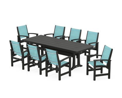 POLYWOOD® Coastal 9-Piece Farmhouse Dining Set with Trestle Legs in Black / Dupioni Aquamarine Sling