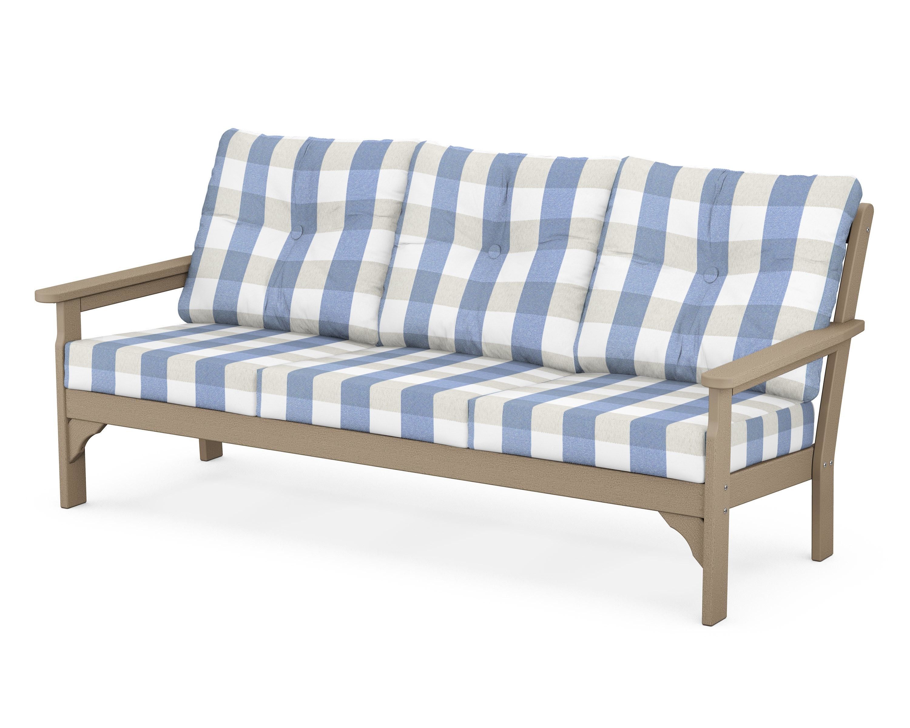 POLYWOOD® Vineyard Deep Seating Sofa in Vintage Sahara / Buffalo Plaid Sky Blue