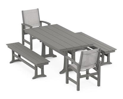 POLYWOOD® Coastal 5-Piece Farmhouse Dining Set with Trestle Legs and Benches in Slate Grey / Parchment Sling