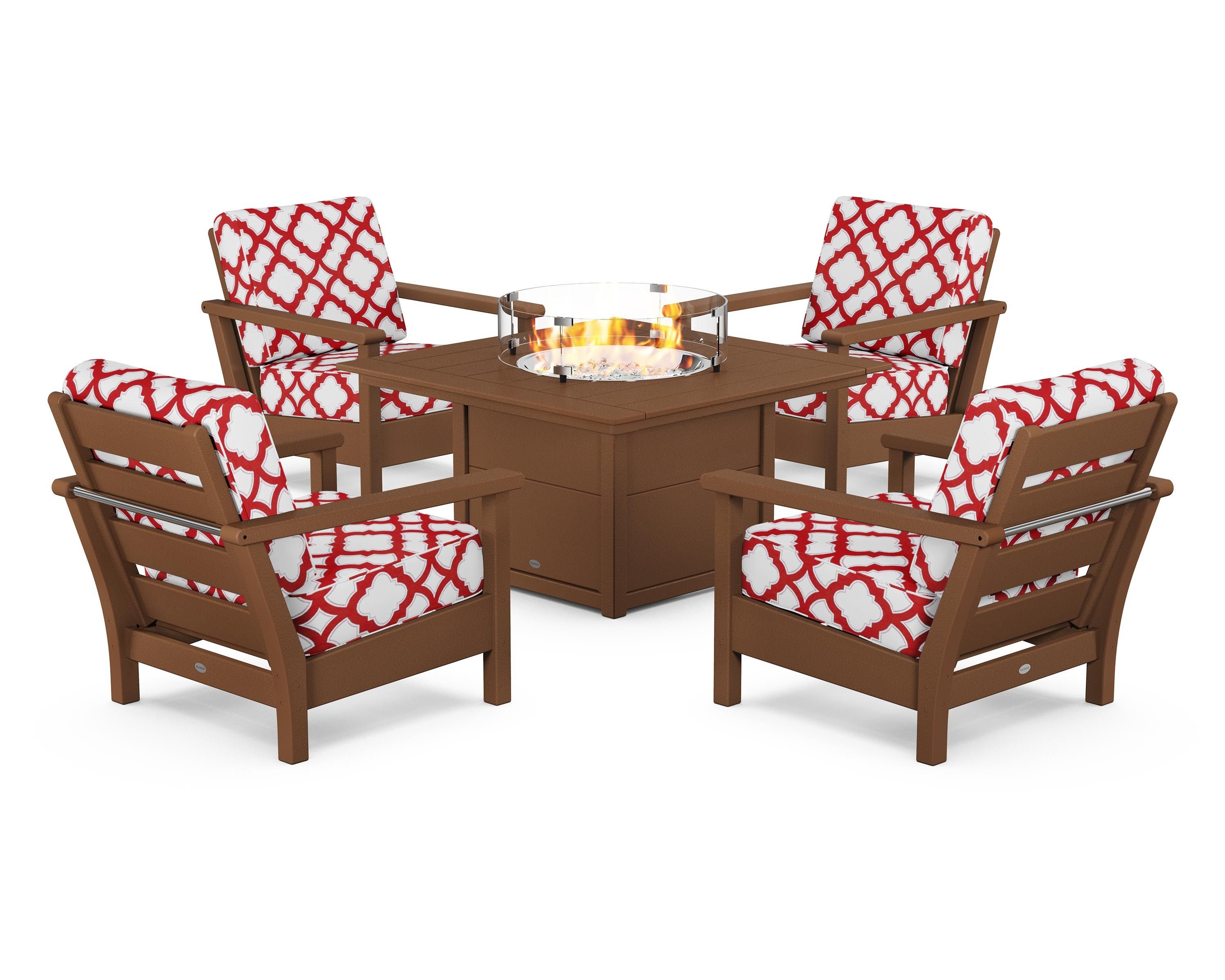 POLYWOOD® Harbour 5-Piece Conversation Set with Fire Pit Table in Teak / Trellis Crimson