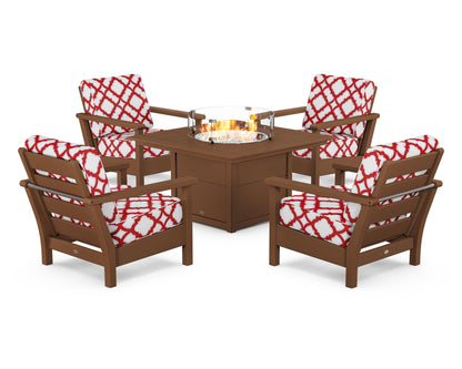 POLYWOOD® Harbour 5-Piece Conversation Set with Fire Pit Table in Teak / Trellis Crimson