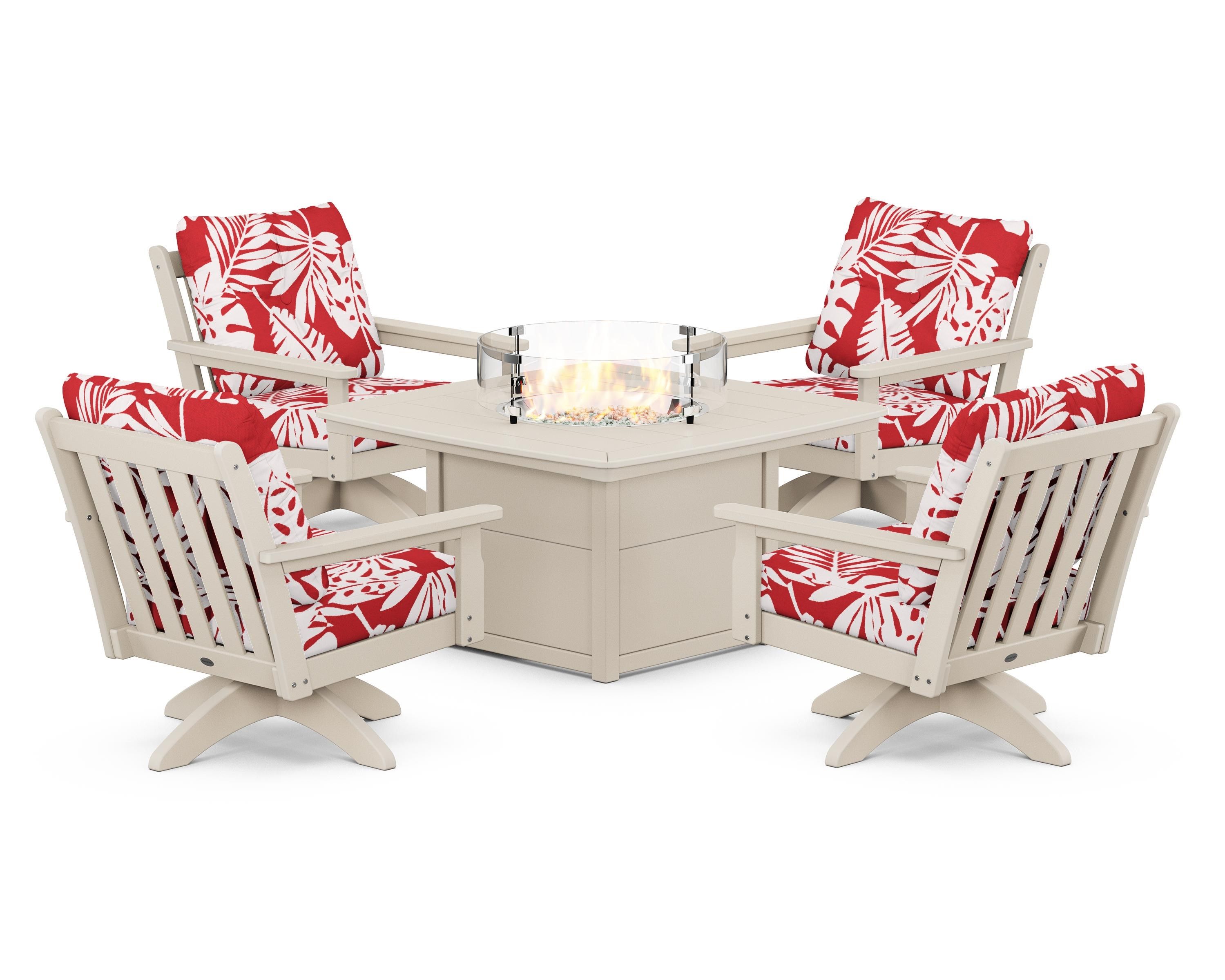 POLYWOOD® Vineyard 5-Piece Deep Seating Swivel Conversation Set with Fire Pit Table in Sand / Leaf Crimson