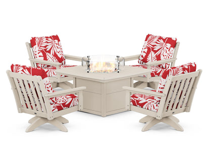 POLYWOOD® Vineyard 5-Piece Deep Seating Swivel Conversation Set with Fire Pit Table in Sand / Leaf Crimson