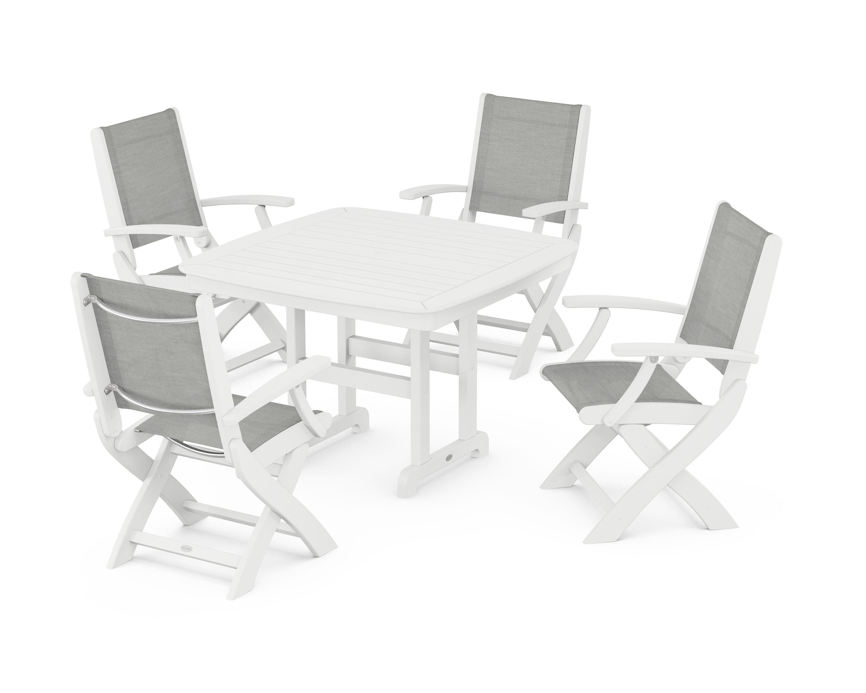 POLYWOOD® Coastal Folding Chair 5-Piece Dining Set in White / Metallic Sling