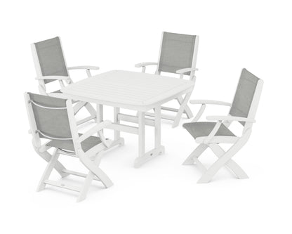 POLYWOOD® Coastal Folding Chair 5-Piece Dining Set in White / Metallic Sling