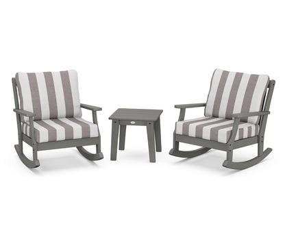 POLYWOOD® Braxton 3-Piece Deep Seating Rocker Set in Slate Grey / Cabana Stripe Grey Mist