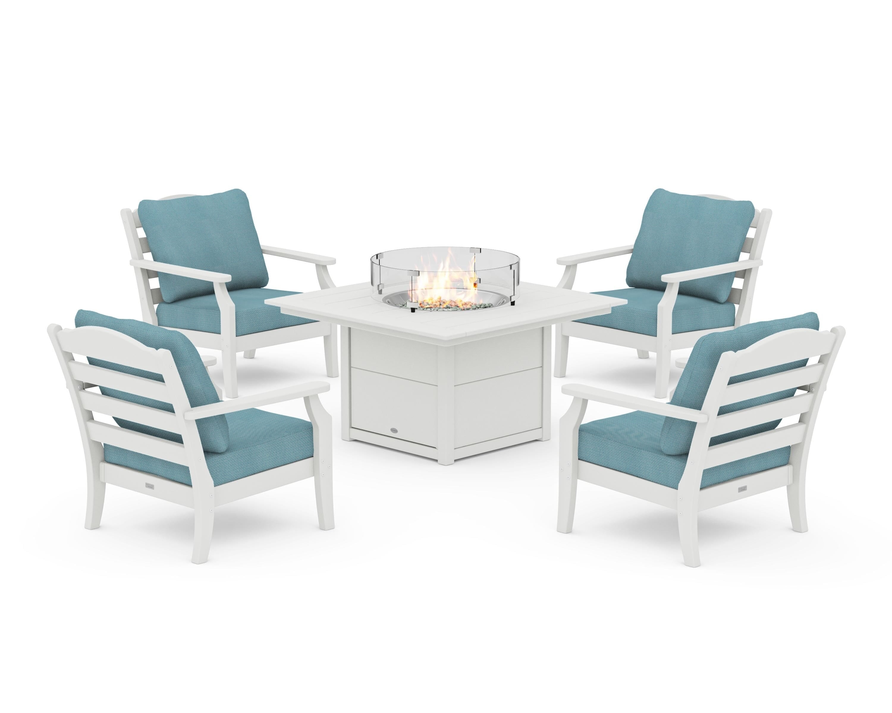 Draper James™ by  POLYWOOD® Savannah 5-Piece Deep Seating Set with Fire Pit Table in Vintage White / Lattice Sky Blue