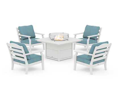 Draper James™ by  POLYWOOD® Savannah 5-Piece Deep Seating Set with Fire Pit Table in Vintage White / Lattice Sky Blue