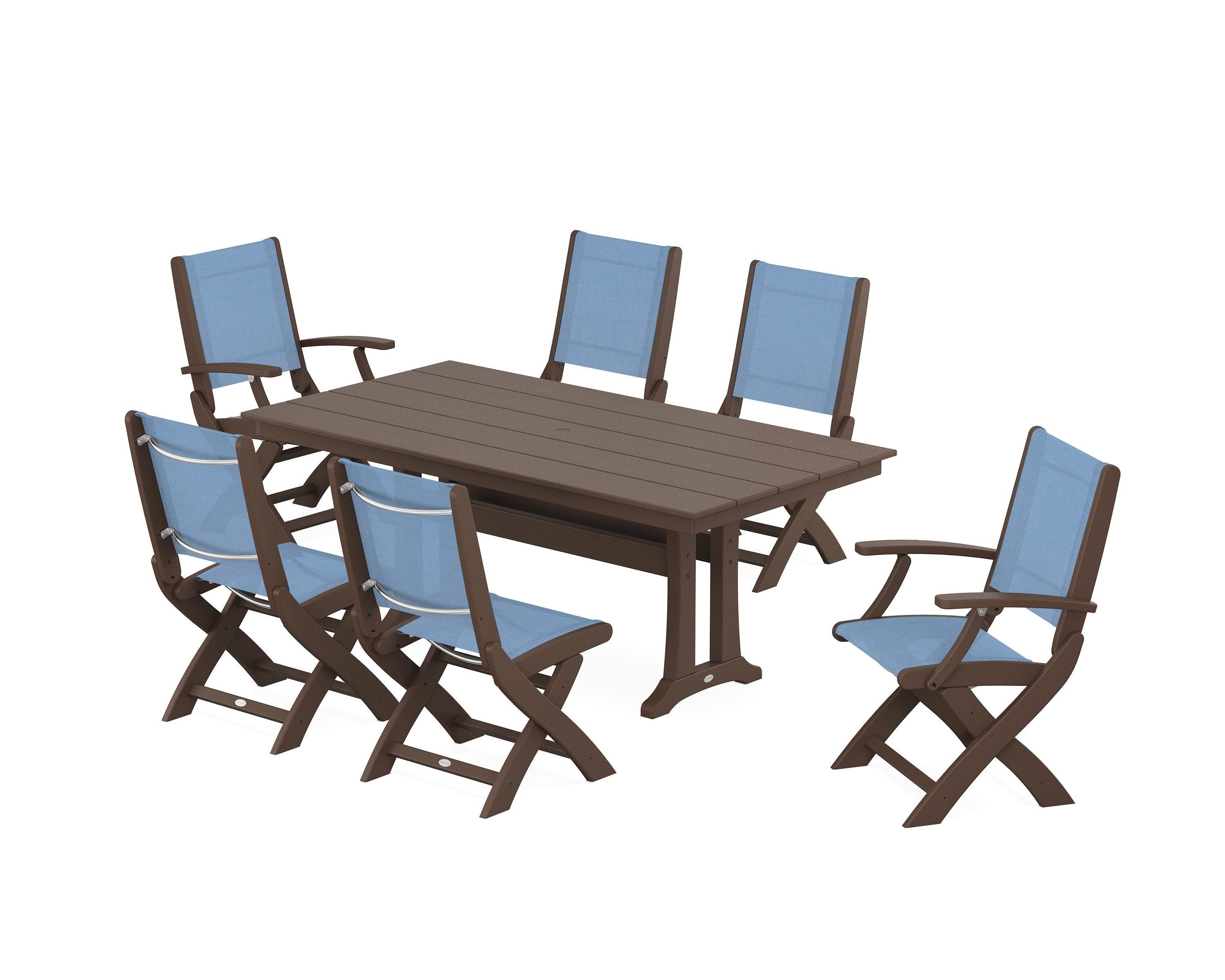 POLYWOOD® Coastal Folding Chair 7-Piece Farmhouse Dining Set with Trestle Legs in Mahogany / Poolside Sling
