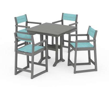 POLYWOOD® EDGE Sling Arm Chair 5-Piece Farmhouse Counter Set with Trestle Legs in Slate Grey / Dupioni Aquamarine Sling