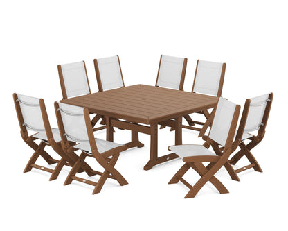 POLYWOOD® Coastal Folding Side Chair 9-Piece Dining Set with Trestle Legs in Teak / White Sling