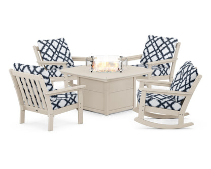 POLYWOOD® Vineyard 5-Piece Deep Seating Rocking Chair Conversation Set with Fire Pit Table in Sand / Trellis Marine Indigo