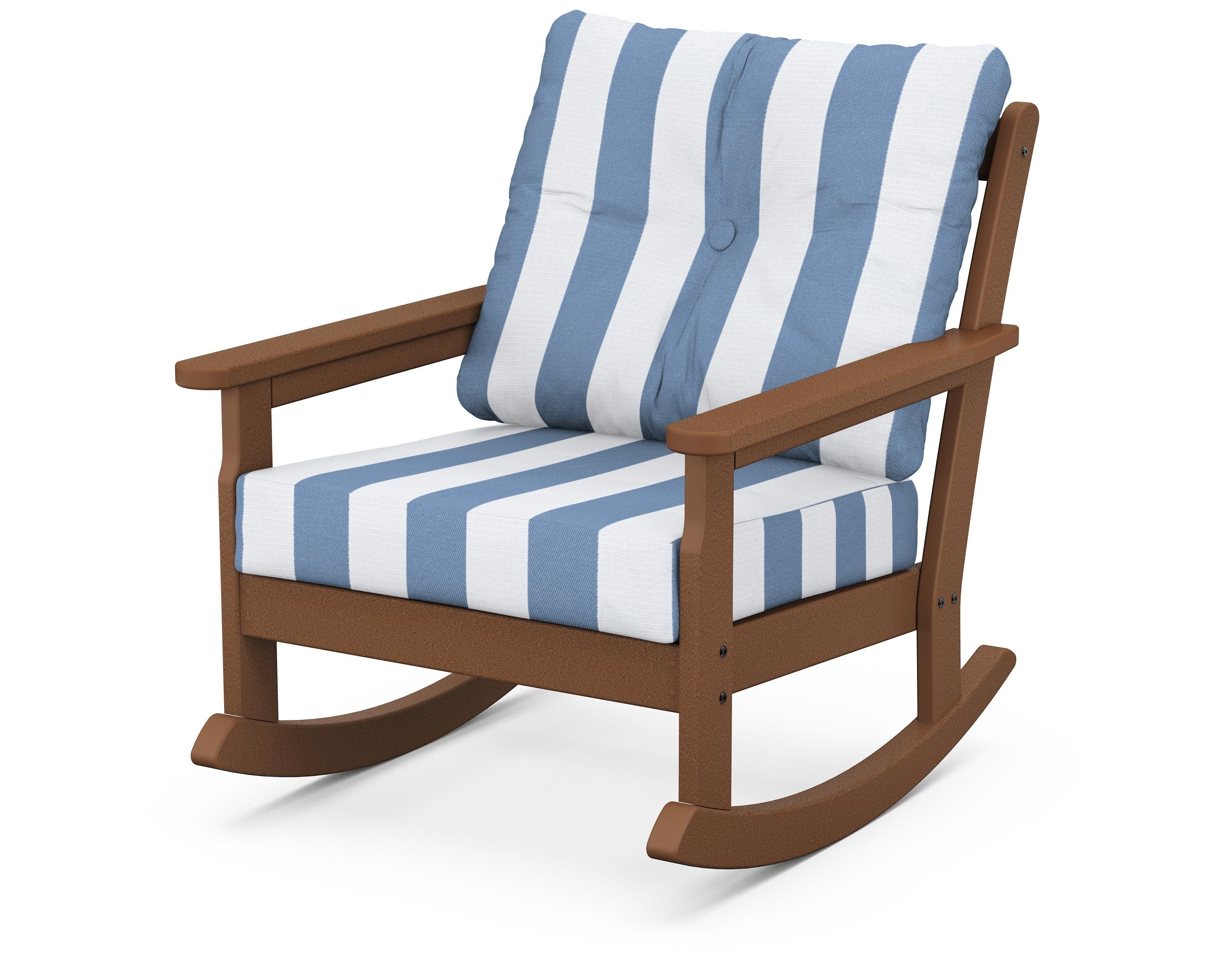 POLYWOOD® Vineyard Deep Seating Rocking Chair in Teak / Cabana Stripe Sky Blue