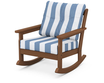 POLYWOOD® Vineyard Deep Seating Rocking Chair in Teak / Cabana Stripe Sky Blue