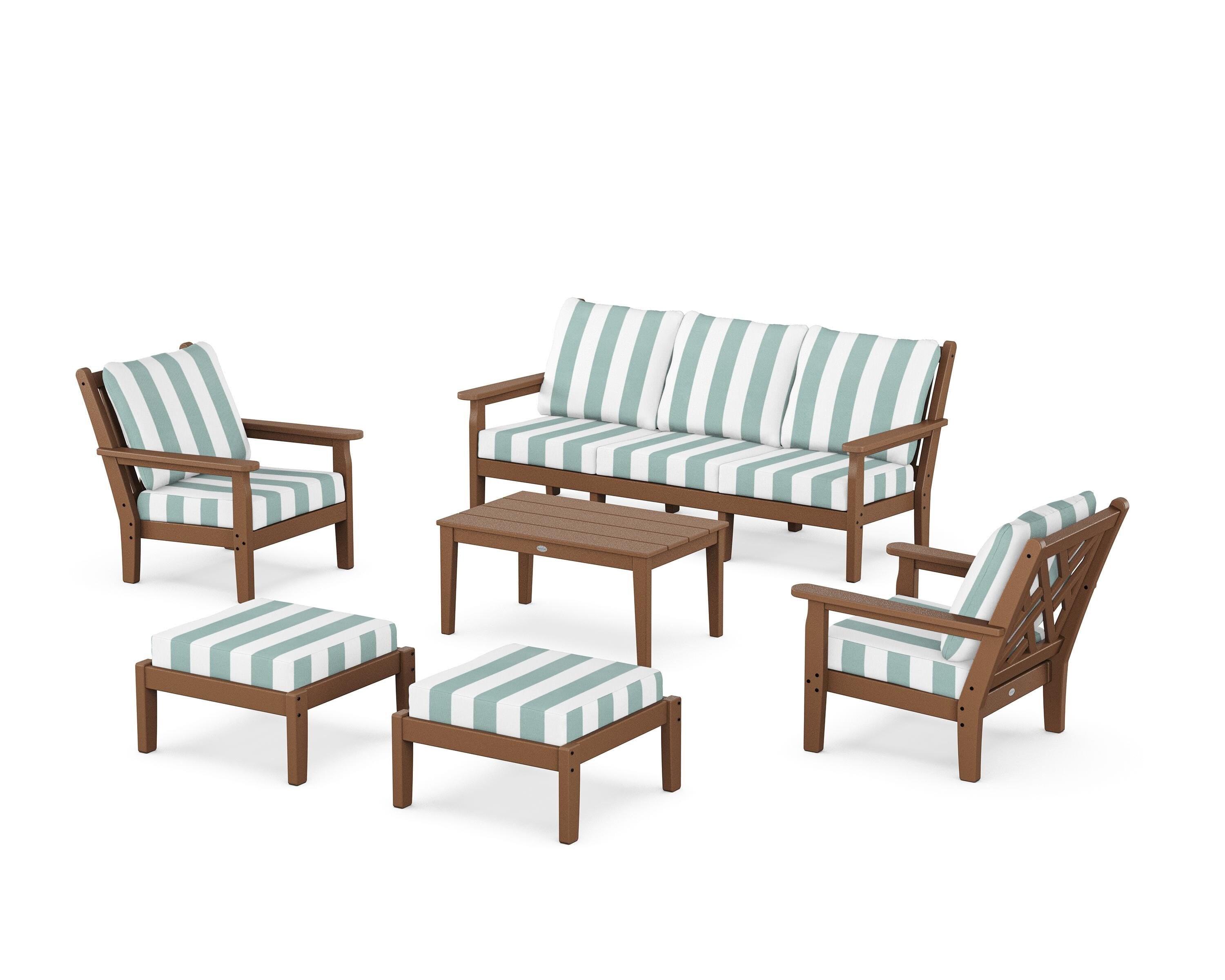 POLYWOOD® Chippendale 6-Piece Lounge Sofa Set in Teak / Cabana Stripe Glacier Spa