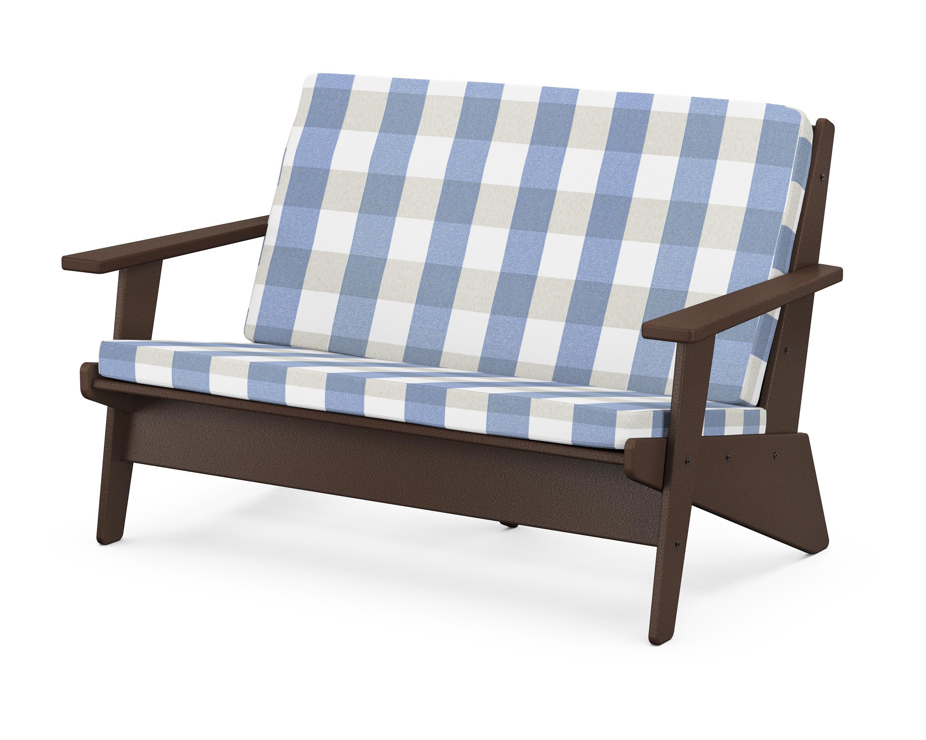 POLYWOOD® Riviera Modern Lounge Loveseat in Mahogany / Buffalo Plaid Sky Blue