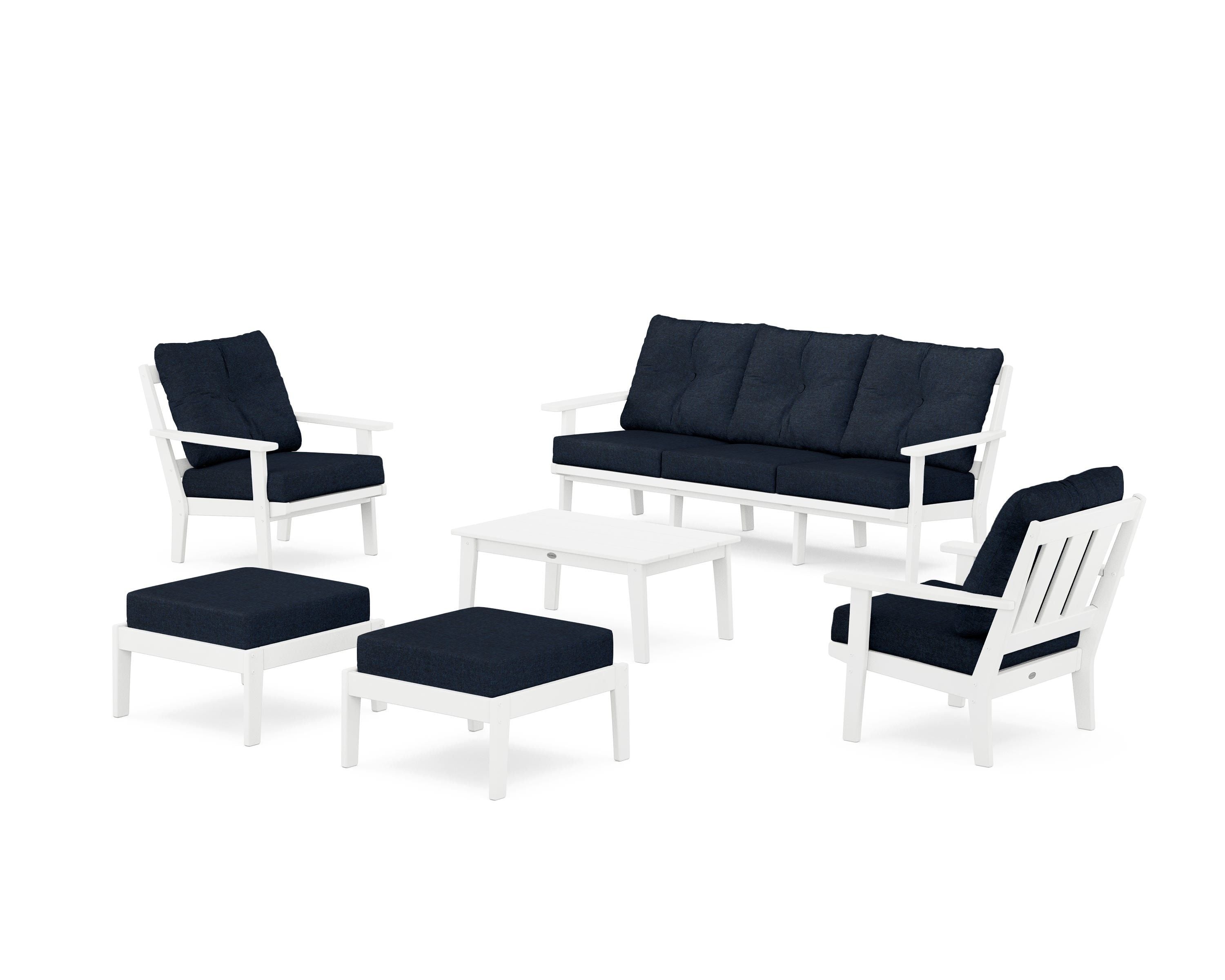 POLYWOOD® Oxford 6-Piece Lounge Sofa Set in White / Marine Indigo
