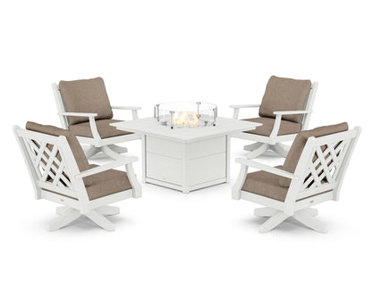 Country Living Wovendale 5-Piece Deep Seating Swivel Conversation Set with Fire Pit Table in White / Spiced Burlap
