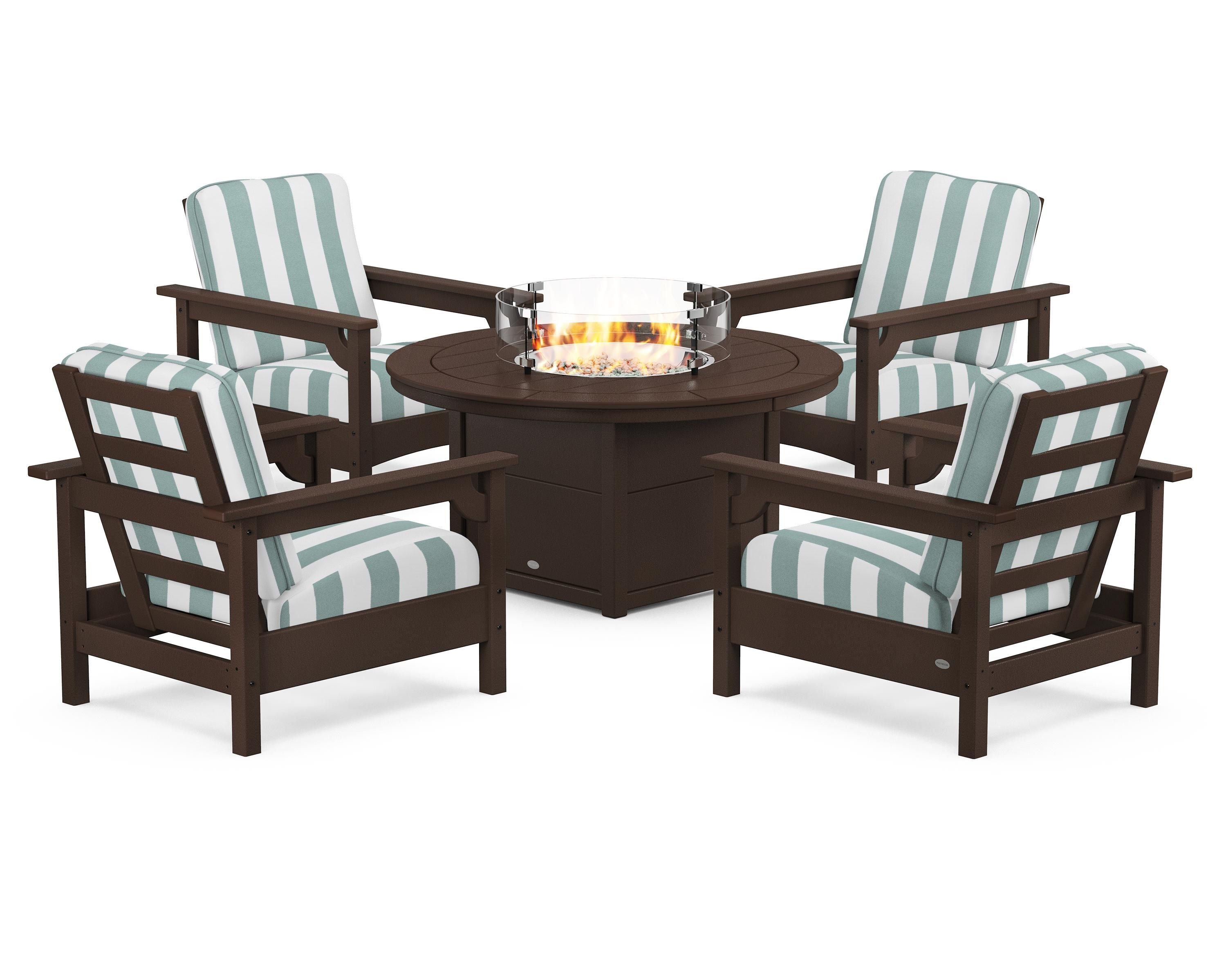 POLYWOOD® Club 5-Piece Conversation Set with Fire Pit Table in Mahogany / Cabana Stripe Glacier Spa